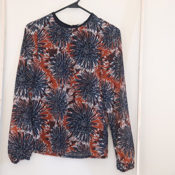 H&M Navy Orange Floral Long Sleeve Blouse Size 2 - Picture 3 of 11